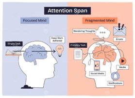 Attention span shows a focused mind vs fragmented mind with brains, tasks, and distractions. Doodle style diagram