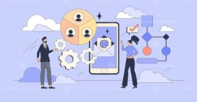 Automated business email marketing solutions tiny person neubrutalism concept