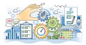 Automated email marketing solutions as digital service outline hands concept