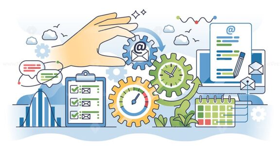 Automated email marketing solutions as digital service outline hands concept