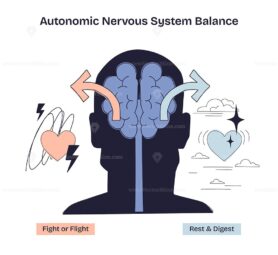 Autonomic Nervous System Balance is shown with a brain, arrows, and hearts, illustrating fight or flight vs rest and digest. Doodle style diagram