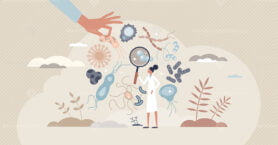 Bacteriology as biology branch with bacteria research tiny person concept