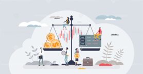 Balancing investments and financial profit balance tiny person concept