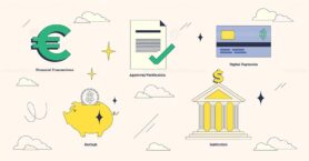 Illustration of financial transactions, savings, and digital payments in neubrutalism style collection.
