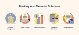Banking and financial solutions depicted with icons like bank, handshake, and graph. Neubrutalism style.