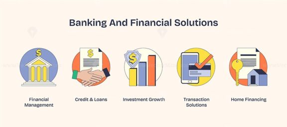 Banking and financial solutions depicted with icons like bank, handshake, and graph. Neubrutalism style.