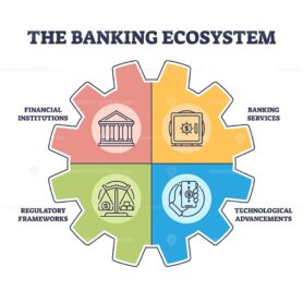 The banking ecosystem diagram shows financial institutions, banking services, regulatory frameworks, and technological advancements. Outline diagram