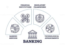 Banking diagram shows financial institutions, regulatory frameworks, and technological advancements. Outline diagram