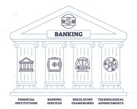 Banking structure with pillars representing institutions, services, regulations, and technology. Outline diagram