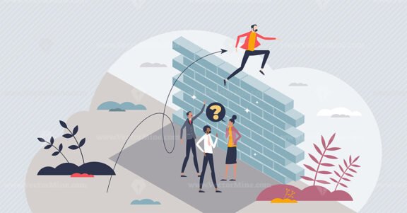Barrier to competition and obstacles for achievement tiny person concept
