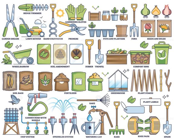 Basic gardening tools and agriculture essentials outline collection set