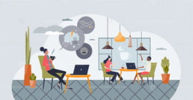 Benefits and challenges of remote work time management tiny person concept.
