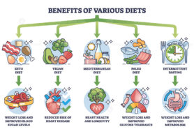 Benefits of various diets and different weight loss methods outline diagram