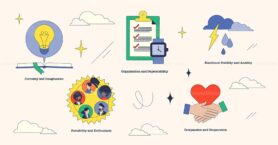 Big Five Personality traits illustrated with icons, lightbulb, checklist, heart. Neubrutalism style collection