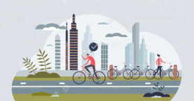 Bike infrastructure as green transportation with bicycle tiny person concept