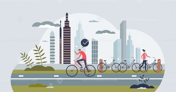 Bike infrastructure as green transportation with bicycle tiny person concept