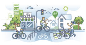 Bike infrastructure and bicycle line on urban city road outline concept