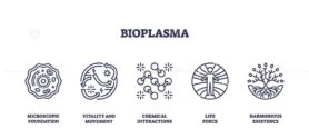 Bioplasma icons depict microscopic foundation, vitality, and chemical interactions. Outline icons set.