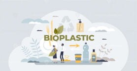 Bioplastics material usage for recyclable eco packaging tiny person concept