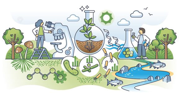 Bioremediation research for environment cleanup with microbes outline concept