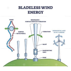 Bladeless wind energy with power from air flow vibration outline diagram