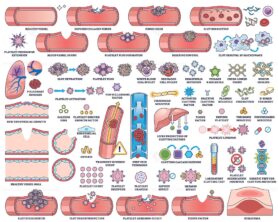 Blood clotting and hemostasis illustrated with blood vessels, platelets, and clotting factors in a clear outline style. Outline style collection