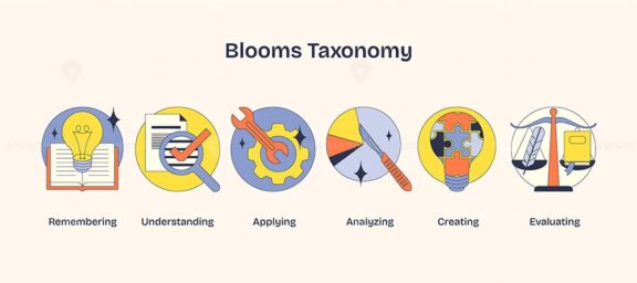 Blooms Taxonomy visualizes cognitive processes with icons, book, wrench, scale. Neubrutalism style.
