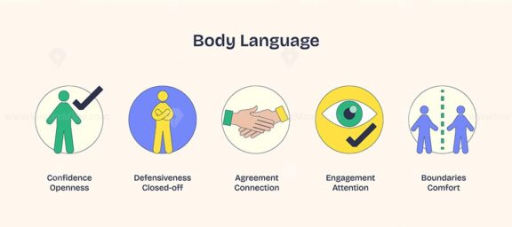 Body language icons depict confidence, defensiveness, agreement, engagement, and boundaries in Neubrutalism style.
