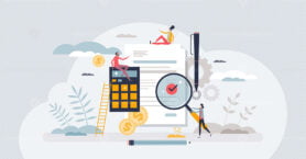 Bookkeeping service and financial business data audit tiny person concept