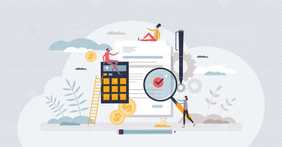 Bookkeeping service and financial business data audit tiny person concept