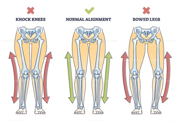 Bowed legs syndrome with normal and knock legs comparison outline diagram