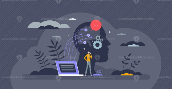 Brain computer interfaces or BCI with neuron technology tiny person concept
