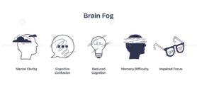 Brain fog is depicted with clouded head, confused speech bubble, and blurred lightbulb, symbolizing mental confusion and reduced clarity. Doodle style icons
