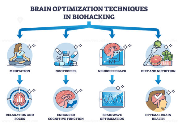 Brain optimization techniques and mind biohacking methods outline diagram