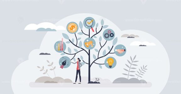 Brand development and company product recognition growth tiny person concept