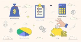 Illustration of financial planning with a piggy bank, pie chart, and calculator in neubrutalism style collection.