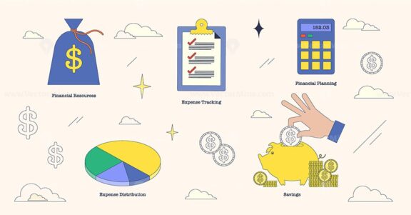 Illustration of financial planning with a piggy bank, pie chart, and calculator in neubrutalism style collection.
