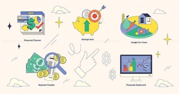 Conceptual illustration of budgeting tools in neubrutalism style collection, featuring financial planner, savings goal, and budget pie chart.