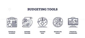 Outline icons set of budgeting tools including financial planner, expense tracker, savings goal, budget pie chart, and financial dashboard.