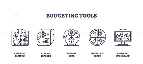 Outline icons set of budgeting tools including financial planner, expense tracker, savings goal, budget pie chart, and financial dashboard.