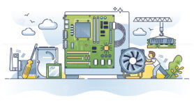Building PC with electronic hardware parts and components outline concept