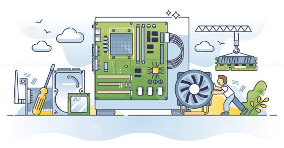 Building PC with electronic hardware parts and components outline concept