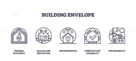 Building envelope icons depict thermal efficiency, sealing, waterproofing, durability, and sustainability. Outline icons set.