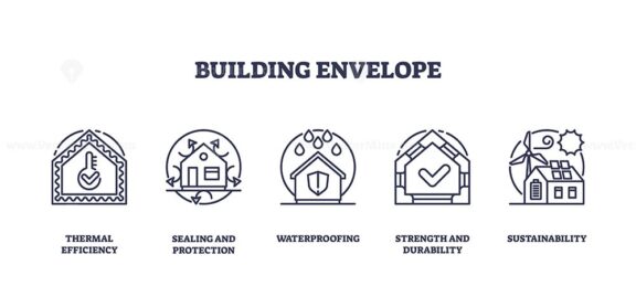 Building envelope icons depict thermal efficiency, sealing, waterproofing, durability, and sustainability. Outline icons set.