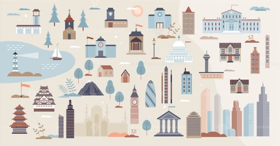 Buildings set and urban architecture houses tiny person items collection