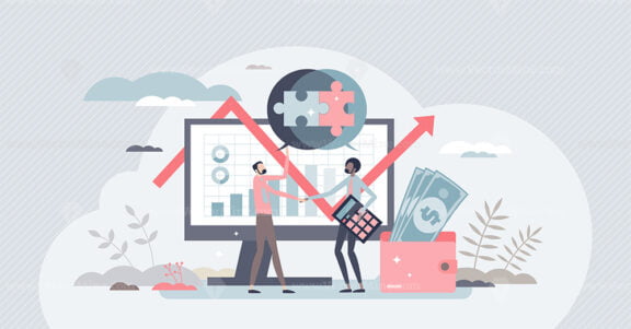 Business acquisition and other company purchase deal tiny person concept