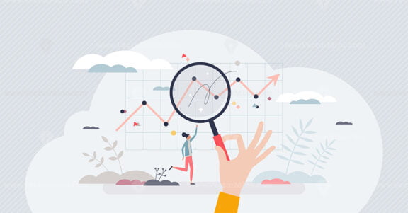 Business analysis and company financial data monitoring tiny person concept