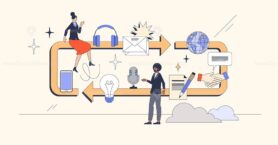 Business communication cycle with deal management retro tiny person concept