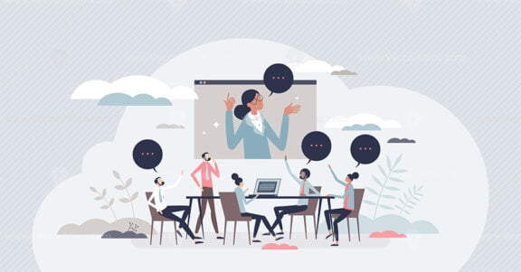 Business conference room with audience and speaker talk tiny person concept