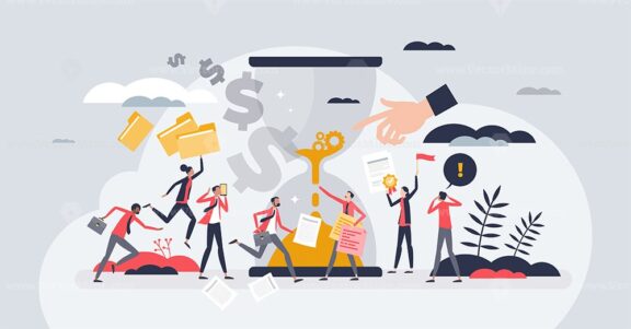 Business deadlines with hourglass and stressed managers tiny person concept